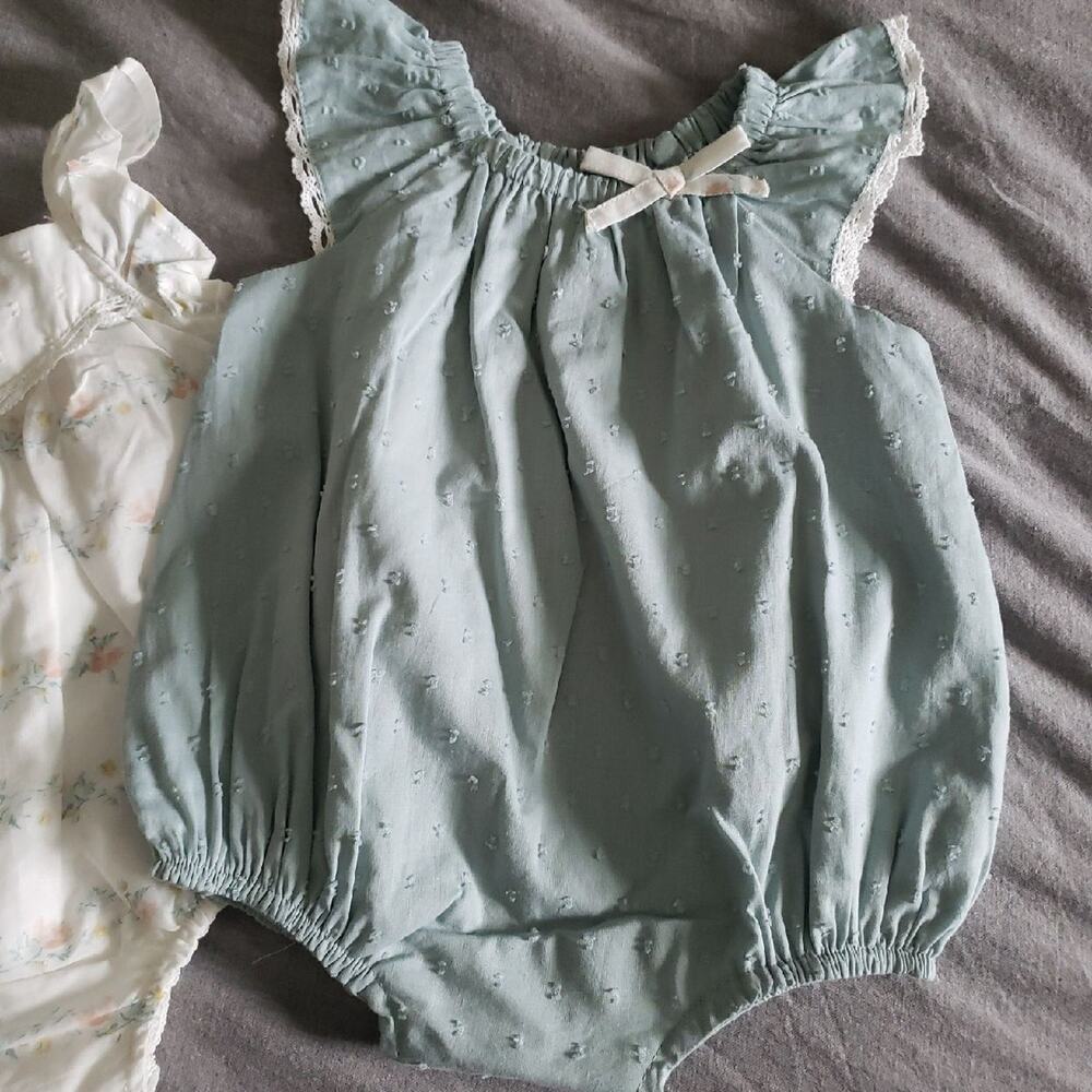 NWT Shabby Chic Baby Girl 3pc Set 3-6 Months Teal Bubble Romper Floral Headband